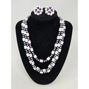 VINTAGE HOBE DEMI PARURE NECKLACE CLIP ON EARRINGS RED WHITE & BLUE JEWELRY
